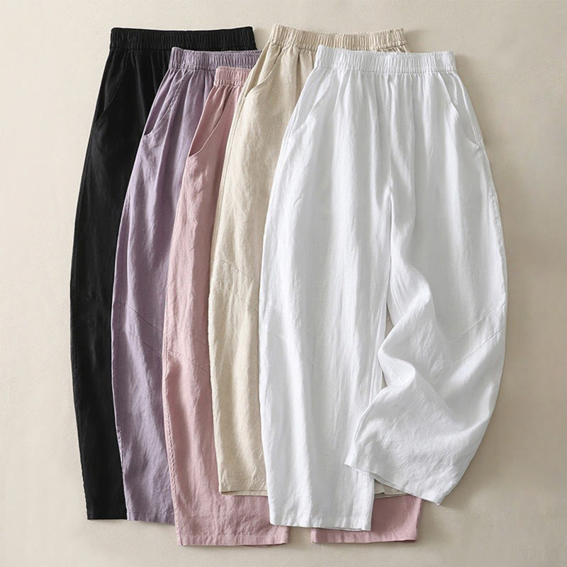 Summer Daily Solid Color Elastic Waistband Design Women's Wide Leg Cotton Linen Pants With Pockets