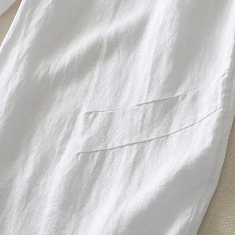 Summer Daily Solid Color Elastic Waistband Design Women's Wide Leg Cotton Linen Pants With Pockets
