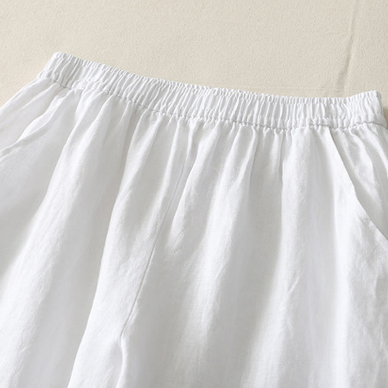 Summer Daily Solid Color Elastic Waistband Design Women's Wide Leg Cotton Linen Pants With Pockets