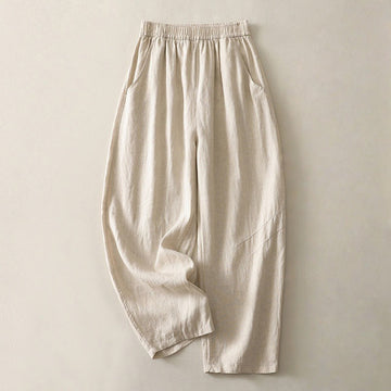 Summer Daily Solid Color Elastic Waistband Design Women's Wide Leg Cotton Linen Pants With Pockets