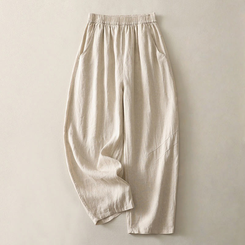 Summer Daily Solid Color Elastic Waistband Design Women's Wide Leg Cotton Linen Pants With Pockets