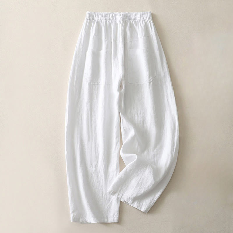 Summer Daily Solid Color Elastic Waistband Design Women's Wide Leg Cotton Linen Pants With Pockets