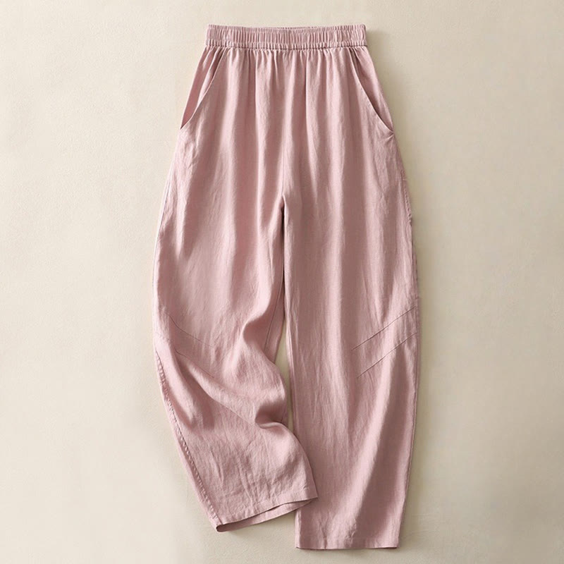 Summer Daily Solid Color Elastic Waistband Design Women's Wide Leg Cotton Linen Pants With Pockets