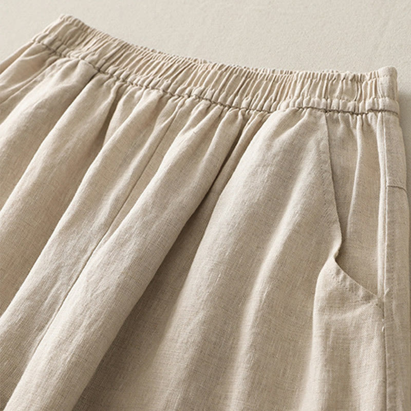 Summer Daily Solid Color Elastic Waistband Design Women's Wide Leg Cotton Linen Pants With Pockets
