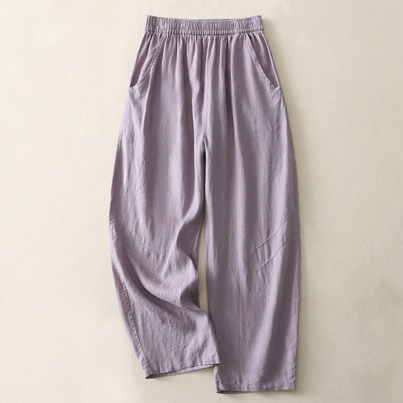 Summer Daily Solid Color Elastic Waistband Design Women's Wide Leg Cotton Linen Pants With Pockets