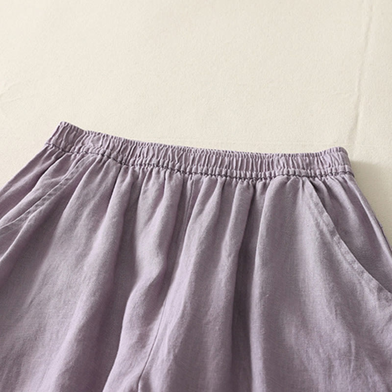 Summer Daily Solid Color Elastic Waistband Design Women's Wide Leg Cotton Linen Pants With Pockets
