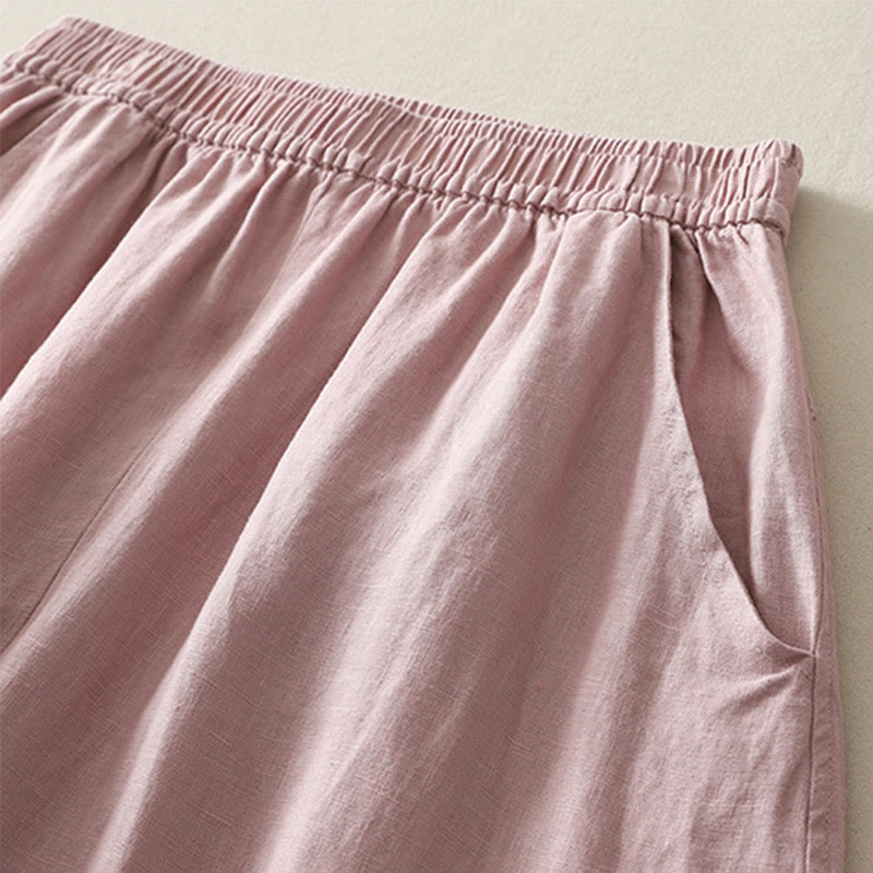 Summer Daily Solid Color Elastic Waistband Design Women's Wide Leg Cotton Linen Pants With Pockets