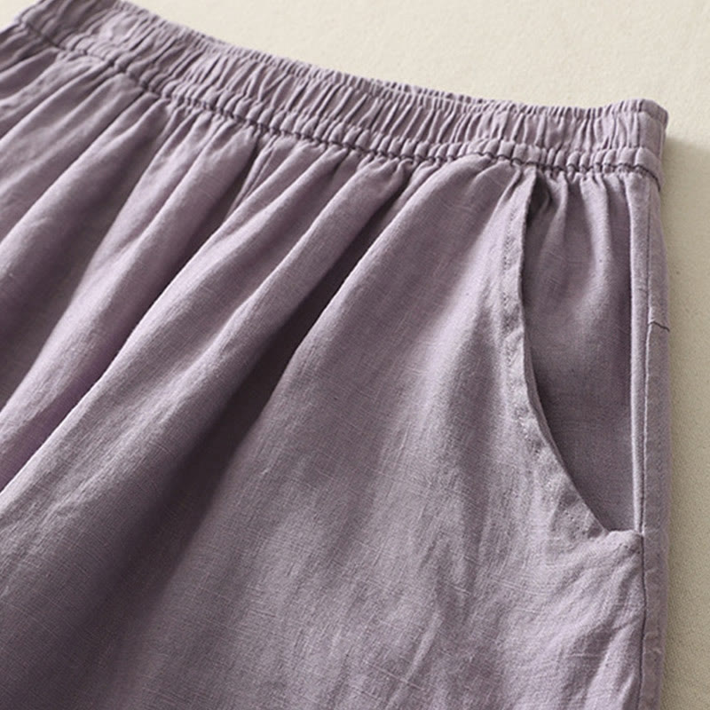 Summer Daily Solid Color Elastic Waistband Design Women's Wide Leg Cotton Linen Pants With Pockets