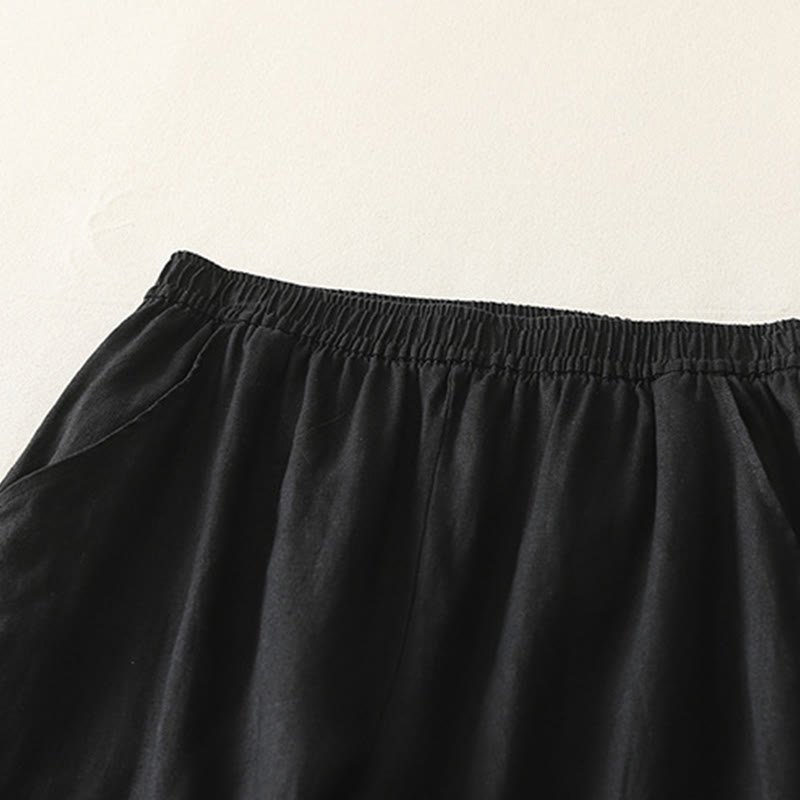 Summer Daily Solid Color Elastic Waistband Design Women's Wide Leg Cotton Linen Pants With Pockets
