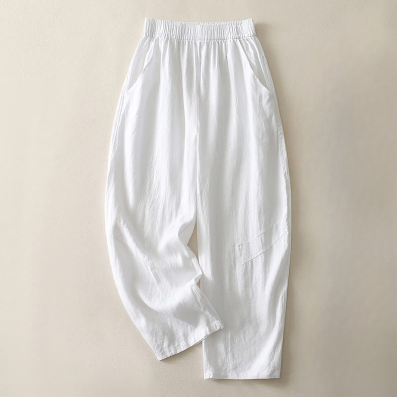 Summer Daily Solid Color Elastic Waistband Design Women's Wide Leg Cotton Linen Pants With Pockets