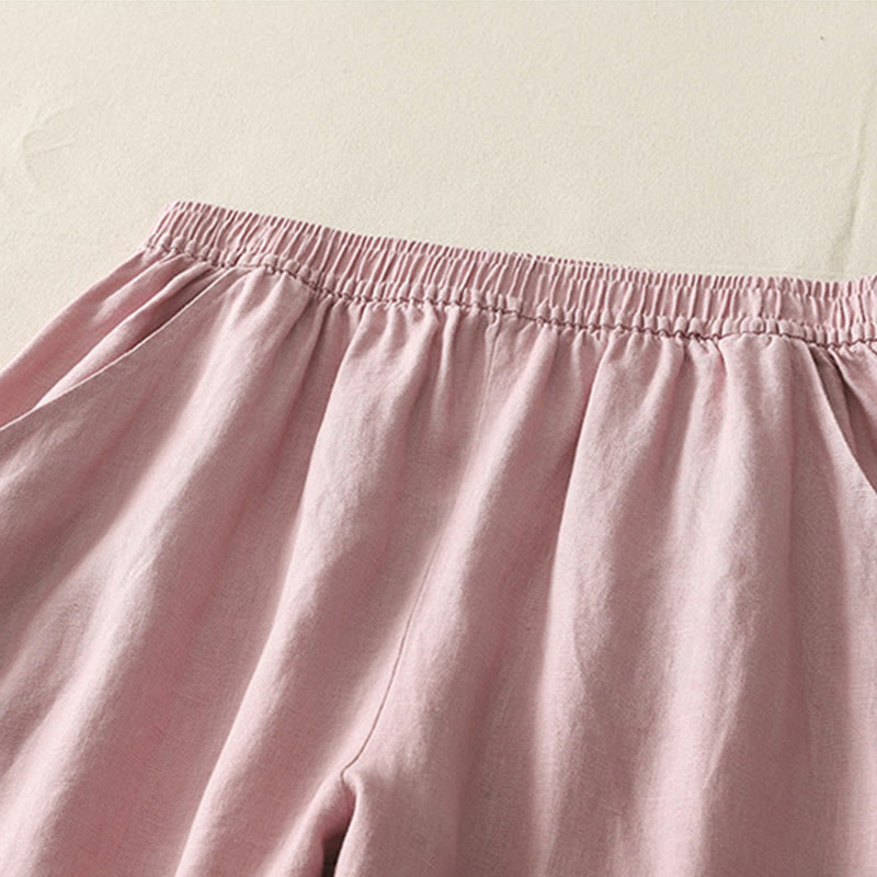 Summer Daily Solid Color Elastic Waistband Design Women's Wide Leg Cotton Linen Pants With Pockets