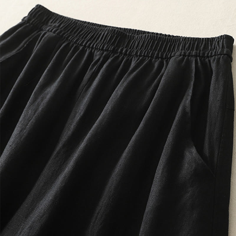 Summer Daily Solid Color Elastic Waistband Design Women's Wide Leg Cotton Linen Pants With Pockets
