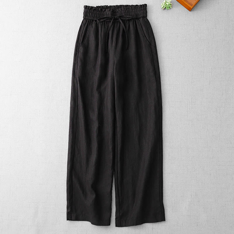 Casual High Waist Ruffled Drawstring Design Women's Wide Leg Cotton Pants With Pockets