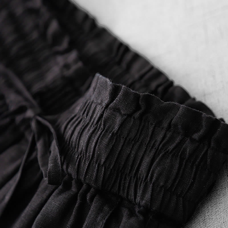 Casual High Waist Ruffled Drawstring Design Women's Wide Leg Cotton Pants With Pockets