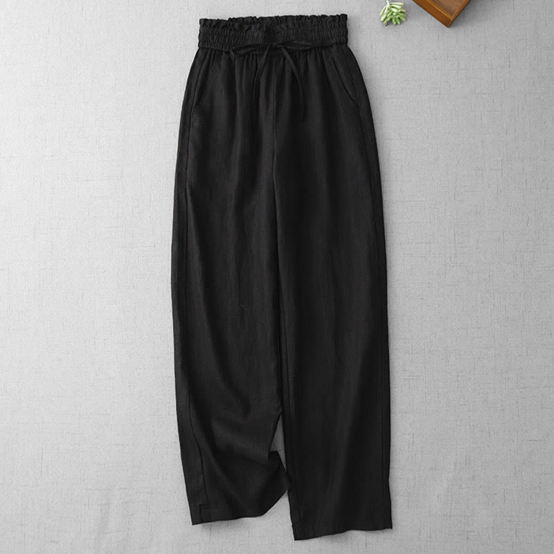 Casual High Waist Ruffled Drawstring Design Women's Wide Leg Cotton Pants With Pockets