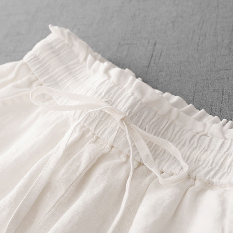 Casual High Waist Ruffled Drawstring Design Women's Wide Leg Cotton Pants With Pockets