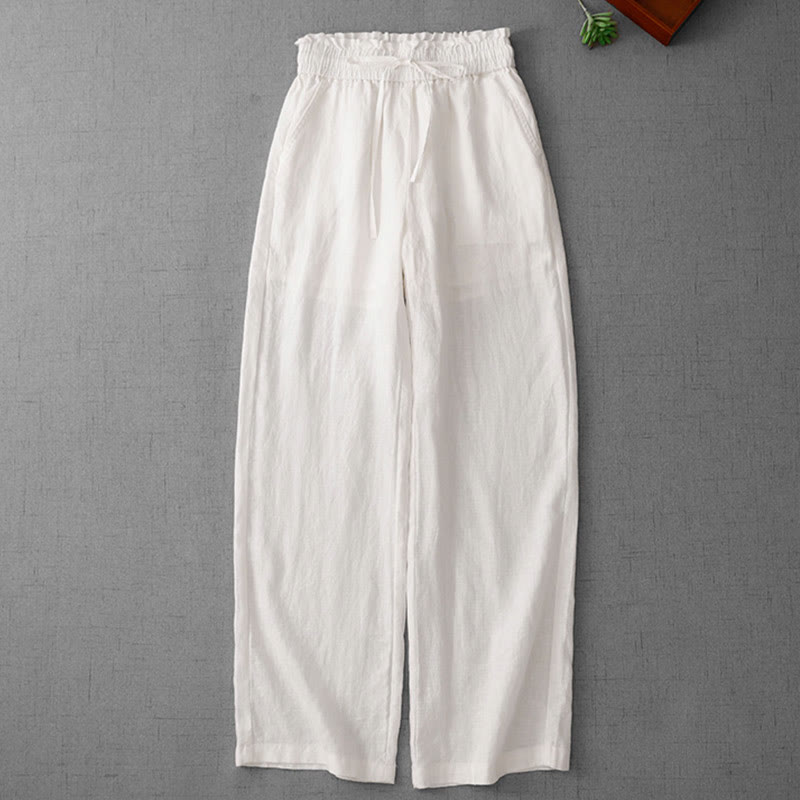 Casual High Waist Ruffled Drawstring Design Women's Wide Leg Cotton Pants With Pockets