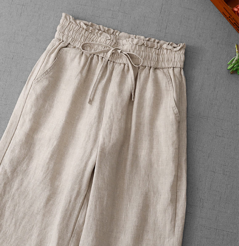 Casual High Waist Ruffled Drawstring Design Women's Wide Leg Cotton Pants With Pockets