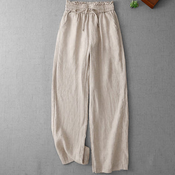 Casual High Waist Ruffled Drawstring Design Women's Wide Leg Cotton Pants With Pockets