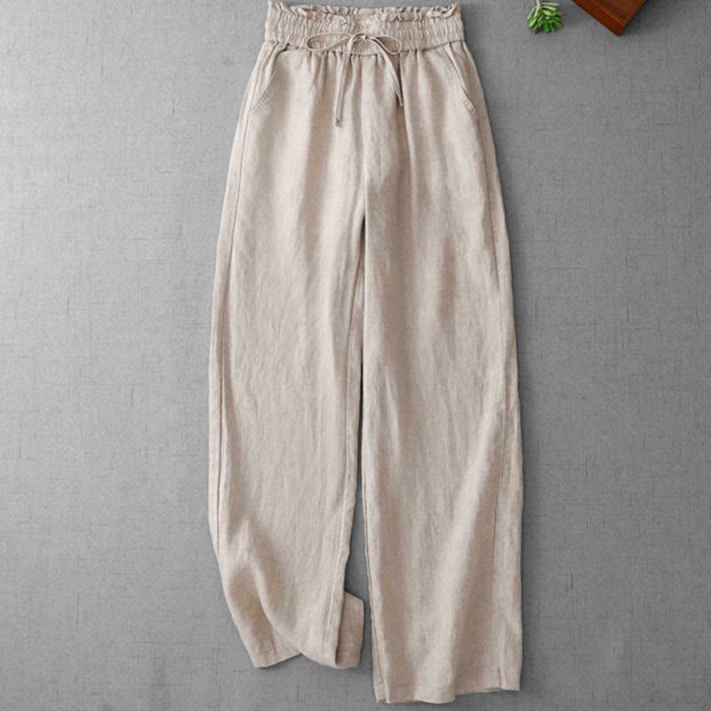 Casual High Waist Ruffled Drawstring Design Women's Wide Leg Cotton Pants With Pockets