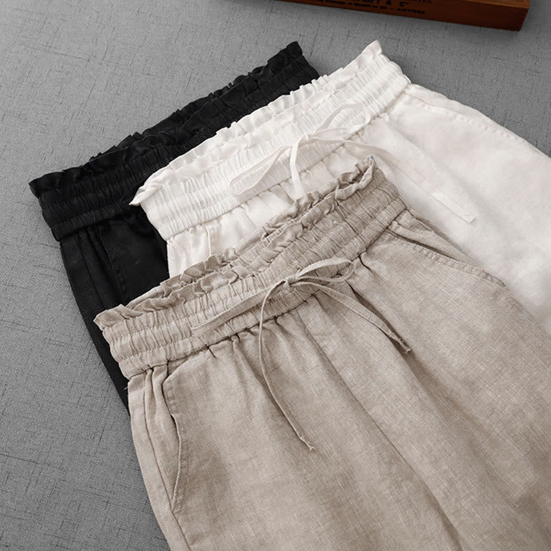 Casual High Waist Ruffled Drawstring Design Women's Wide Leg Cotton Pants With Pockets