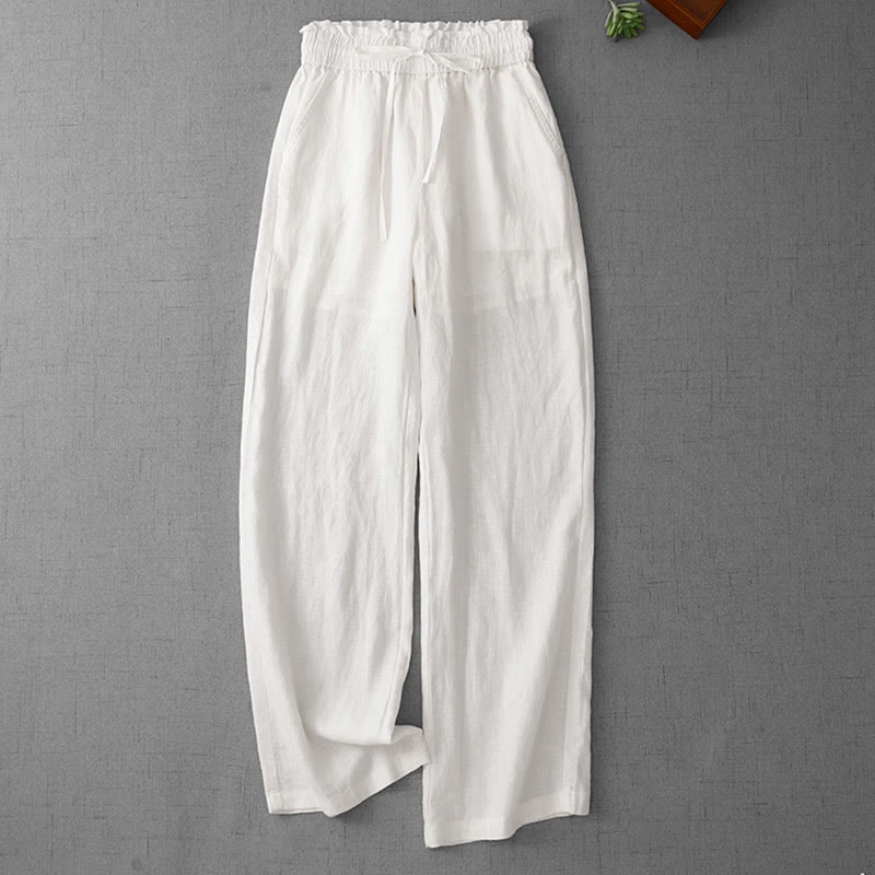 Casual High Waist Ruffled Drawstring Design Women's Wide Leg Cotton Pants With Pockets