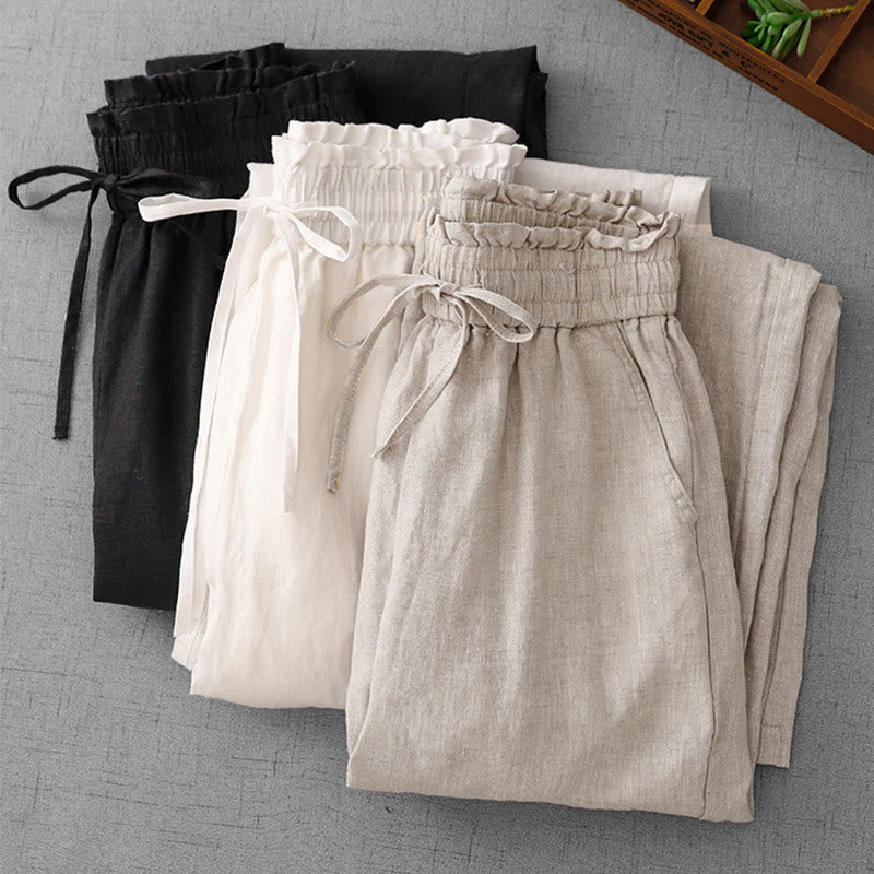 Casual High Waist Ruffled Drawstring Design Women's Wide Leg Cotton Pants With Pockets