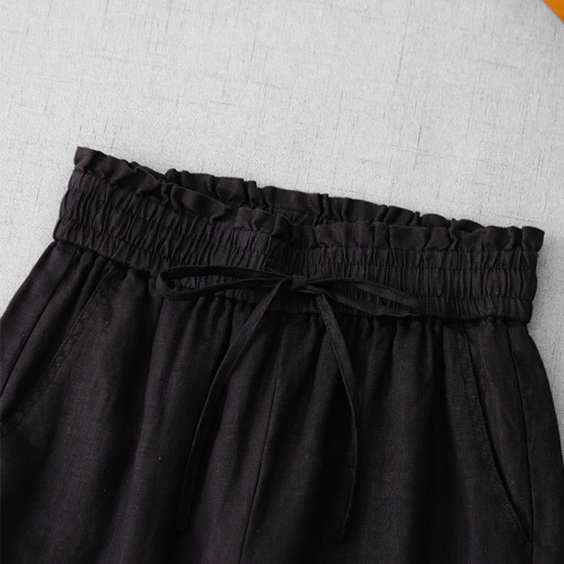 Casual High Waist Ruffled Drawstring Design Women's Wide Leg Cotton Pants With Pockets