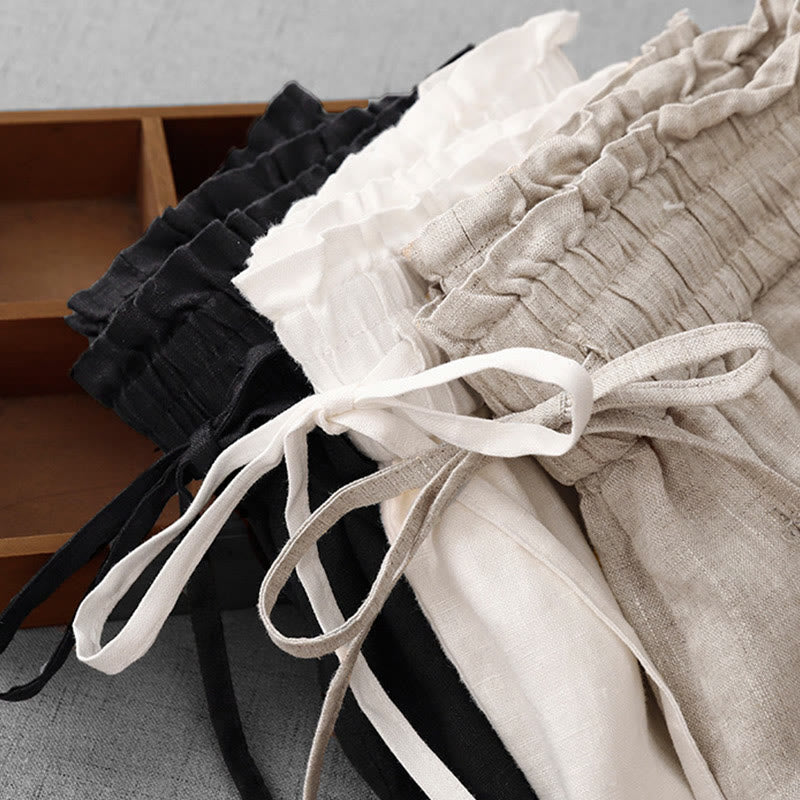 Casual High Waist Ruffled Drawstring Design Women's Wide Leg Cotton Pants With Pockets