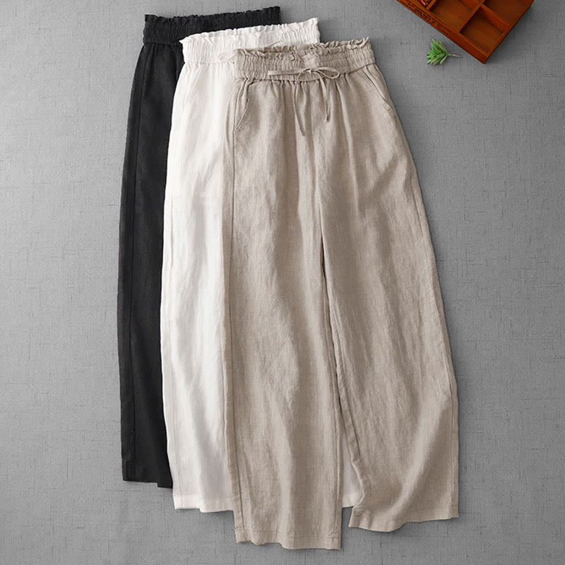 Casual High Waist Ruffled Drawstring Design Women's Wide Leg Cotton Pants With Pockets