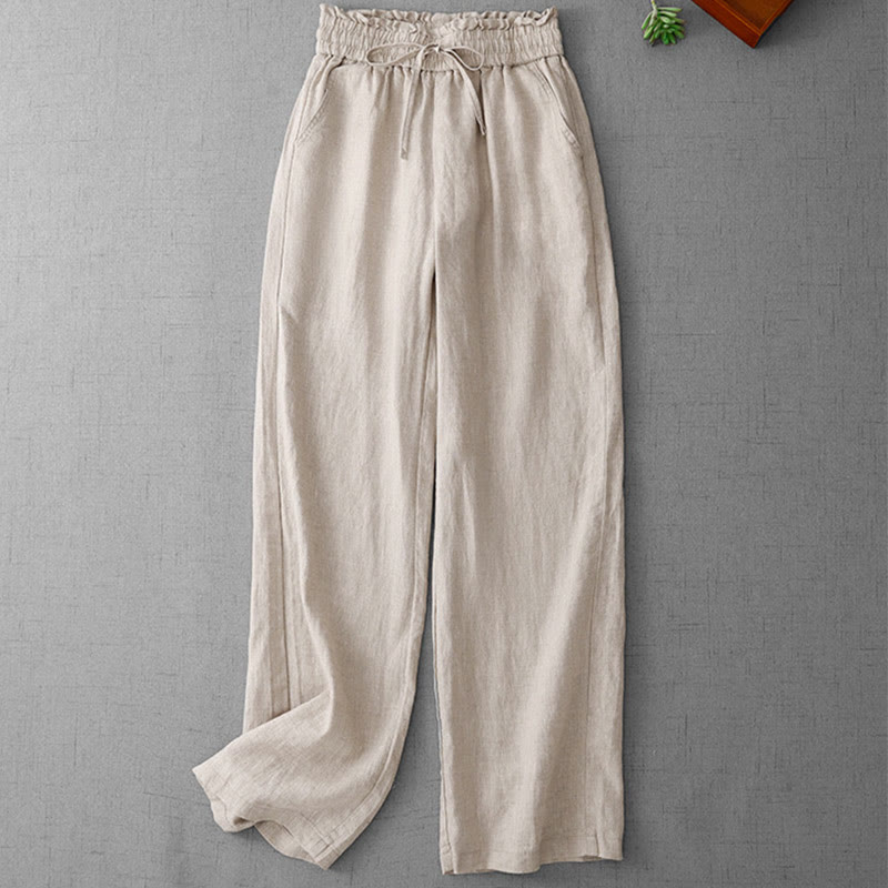 Casual High Waist Ruffled Drawstring Design Women's Wide Leg Cotton Pants With Pockets