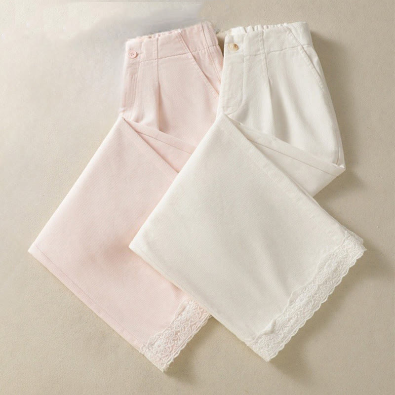 Casual Lace Patchwork Design High Waist Women's Wide Leg Ankle-Length Pants With Pockets Zipper