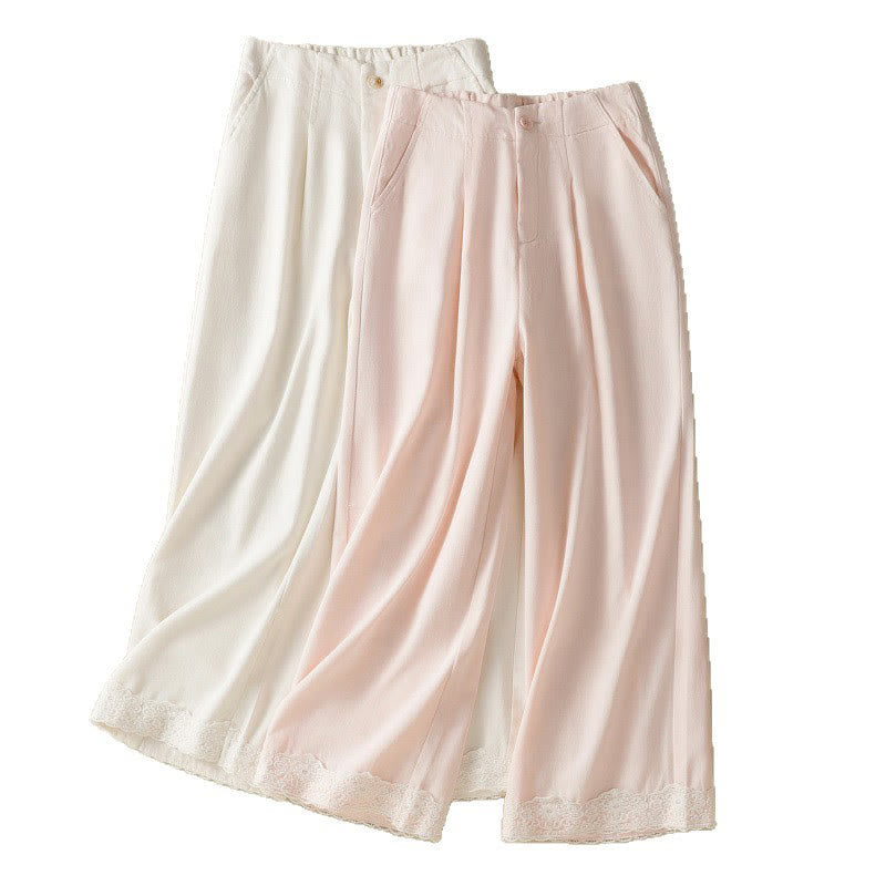 Casual Lace Patchwork Design High Waist Women's Wide Leg Ankle-Length Pants With Pockets Zipper