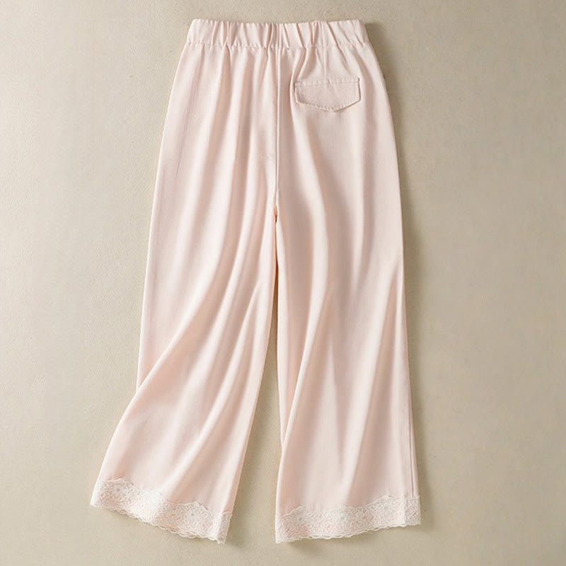 Casual Lace Patchwork Design High Waist Women's Wide Leg Ankle-Length Pants With Pockets Zipper