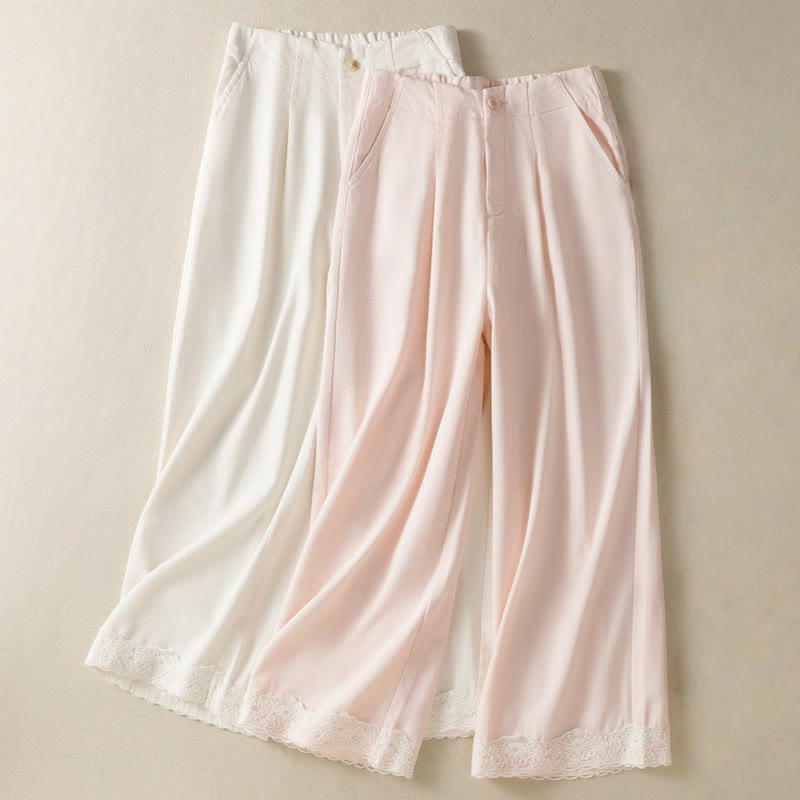 Casual Lace Patchwork Design High Waist Women's Wide Leg Ankle-Length Pants With Pockets Zipper