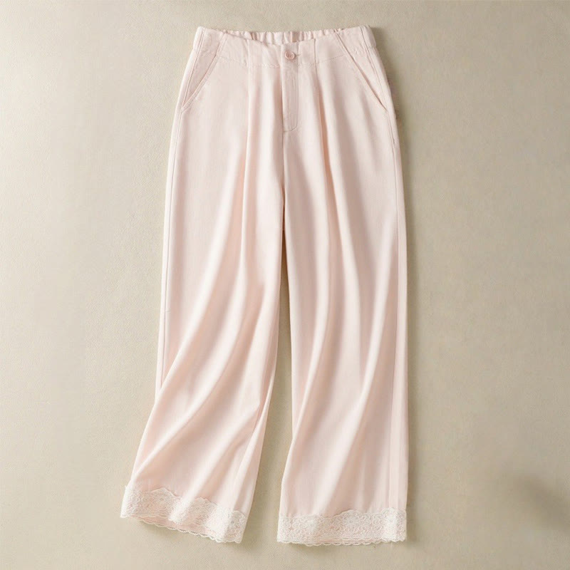 Casual Lace Patchwork Design High Waist Women's Wide Leg Ankle-Length Pants With Pockets Zipper