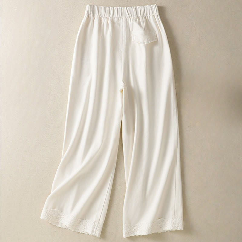 Casual Lace Patchwork Design High Waist Women's Wide Leg Ankle-Length Pants With Pockets Zipper