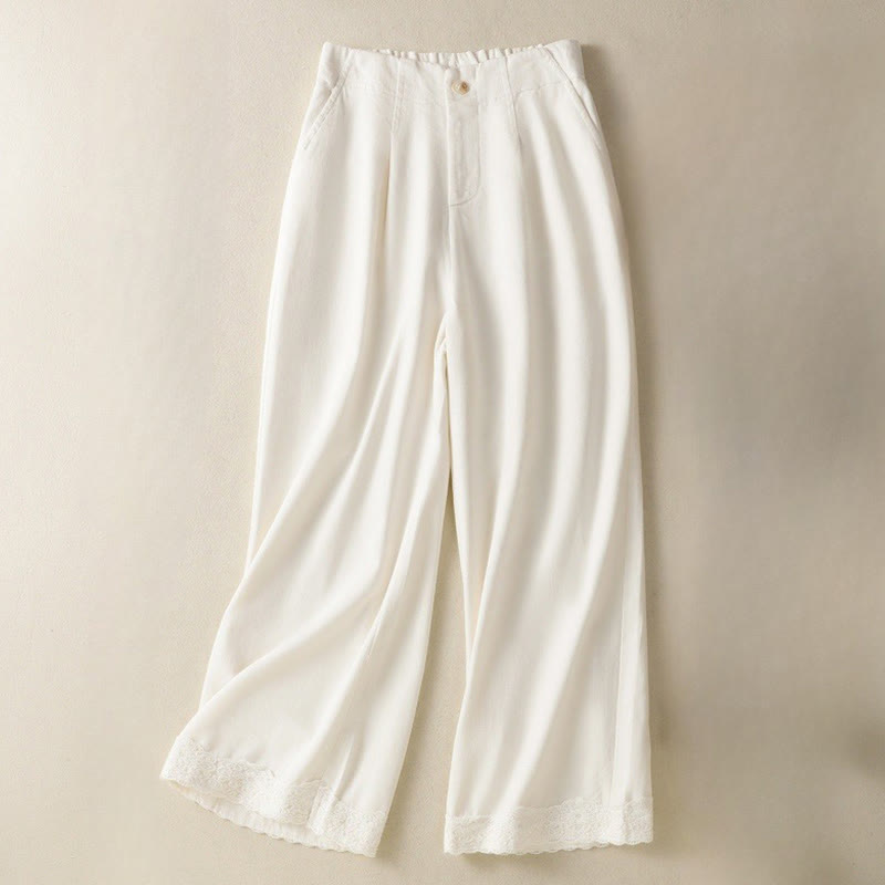 Casual Lace Patchwork Design High Waist Women's Wide Leg Ankle-Length Pants With Pockets Zipper