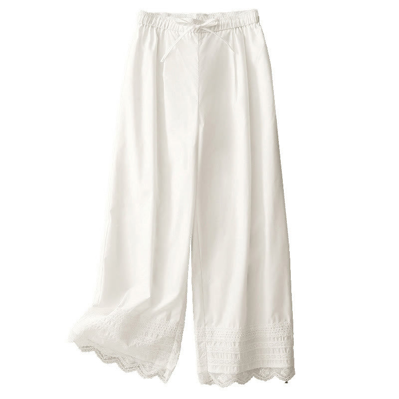 Commute Plain Lace Patchwork Drawstring Design Women's Wide Leg Cotton Ankle-Length Pants With Pockets