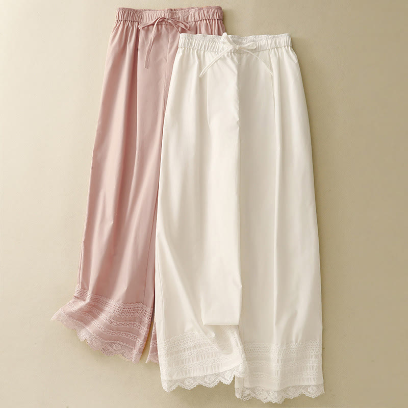 Commute Plain Lace Patchwork Drawstring Design Women's Wide Leg Cotton Ankle-Length Pants With Pockets