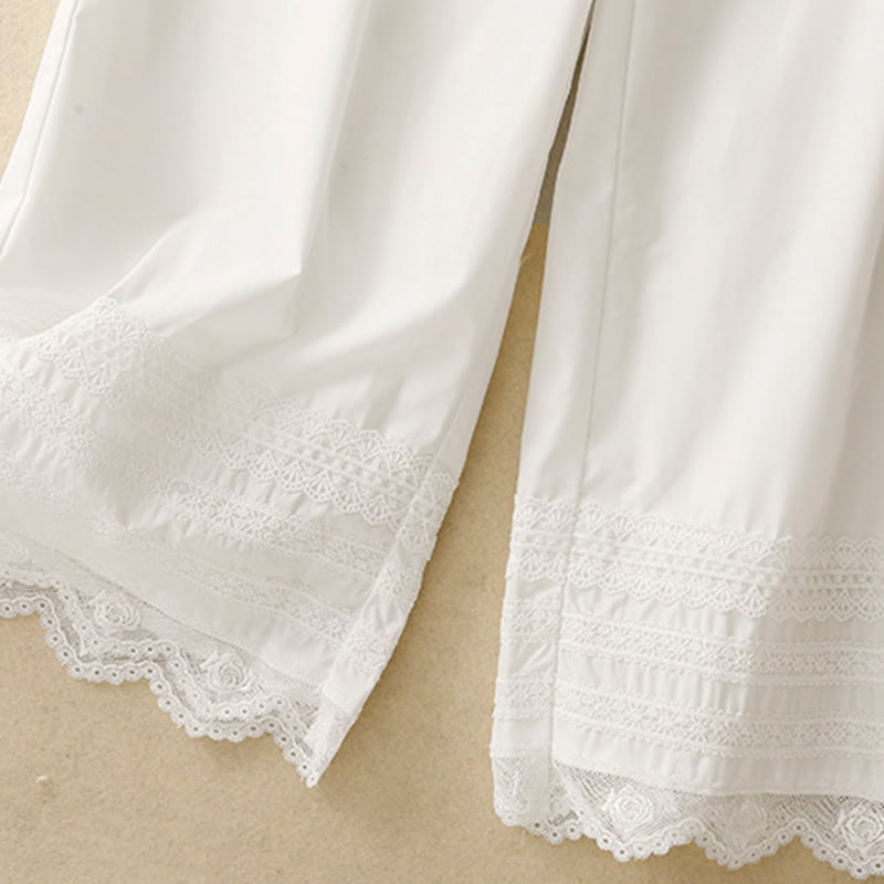 Commute Plain Lace Patchwork Drawstring Design Women's Wide Leg Cotton Ankle-Length Pants With Pockets