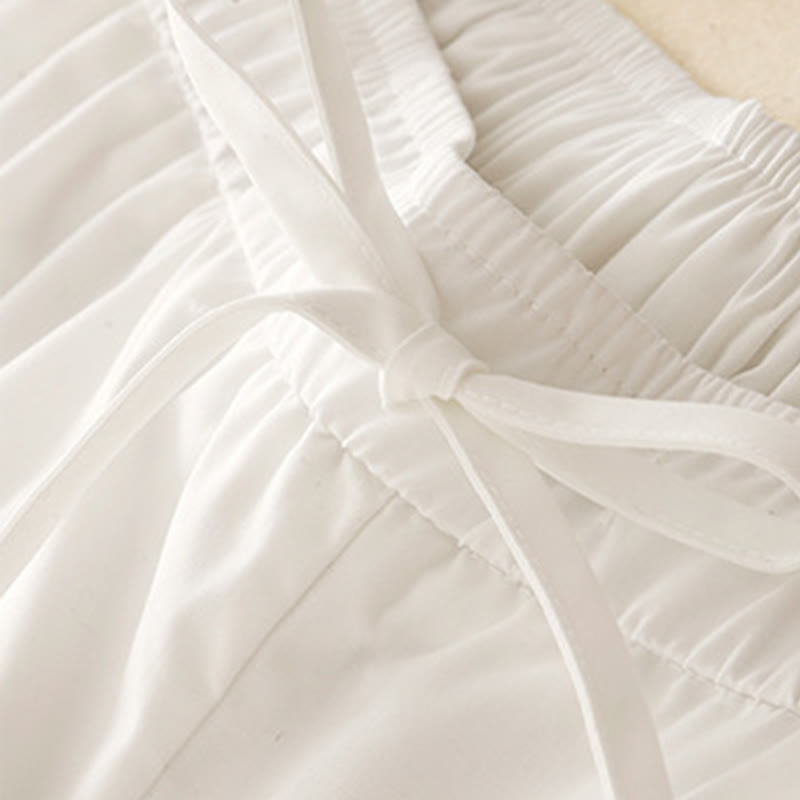 Commute Plain Lace Patchwork Drawstring Design Women's Wide Leg Cotton Ankle-Length Pants With Pockets