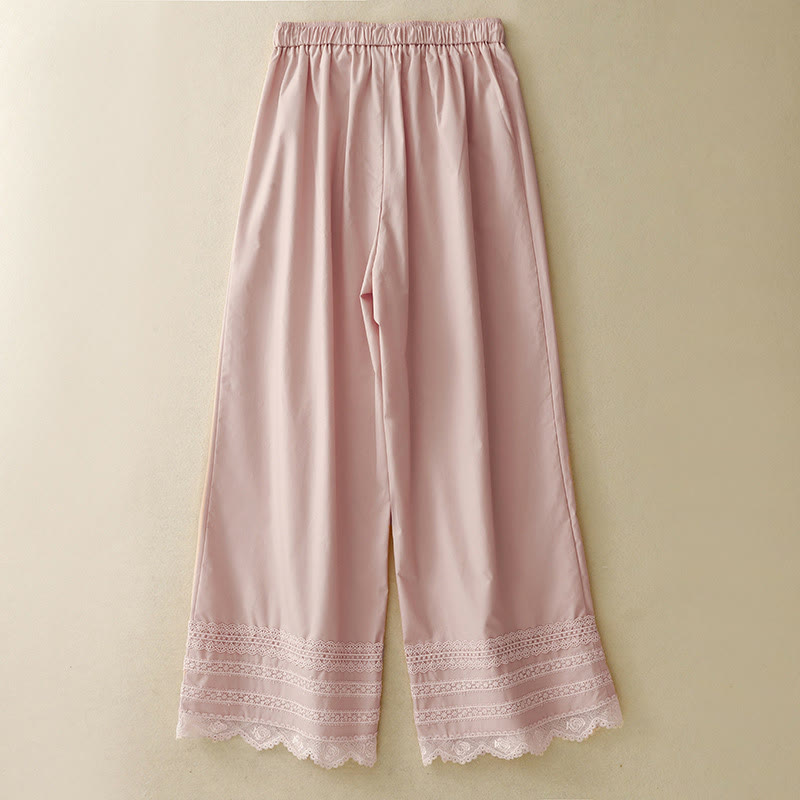 Commute Plain Lace Patchwork Drawstring Design Women's Wide Leg Cotton Ankle-Length Pants With Pockets