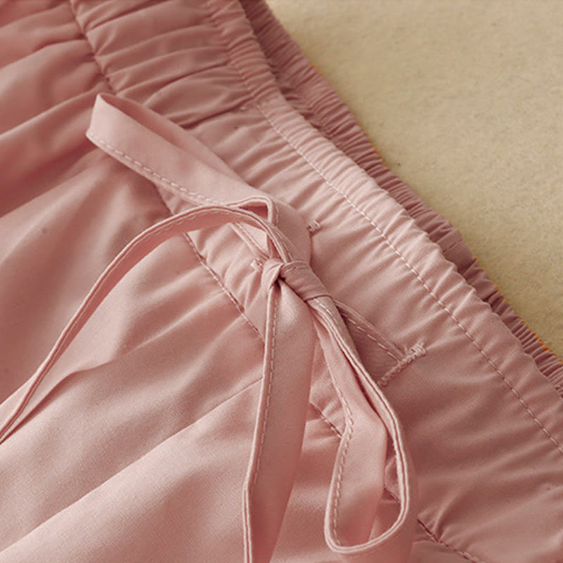 Commute Plain Lace Patchwork Drawstring Design Women's Wide Leg Cotton Ankle-Length Pants With Pockets