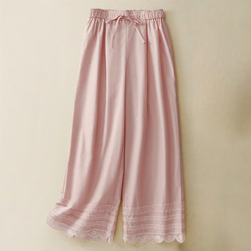 Commute Plain Lace Patchwork Drawstring Design Women's Wide Leg Cotton Ankle-Length Pants With Pockets