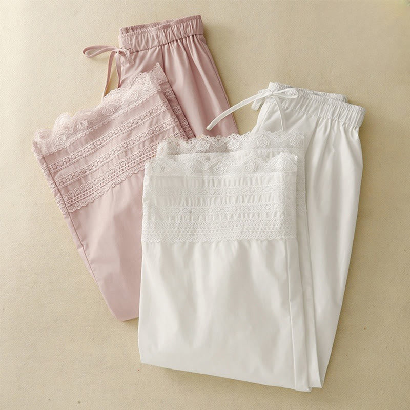 Commute Plain Lace Patchwork Drawstring Design Women's Wide Leg Cotton Ankle-Length Pants With Pockets