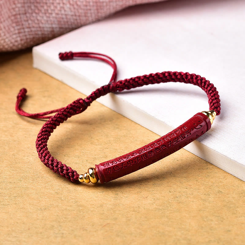 Handmade Braided Red String Cinnabar Om Mani Padme Hum & Heart Sutra Bracelet
