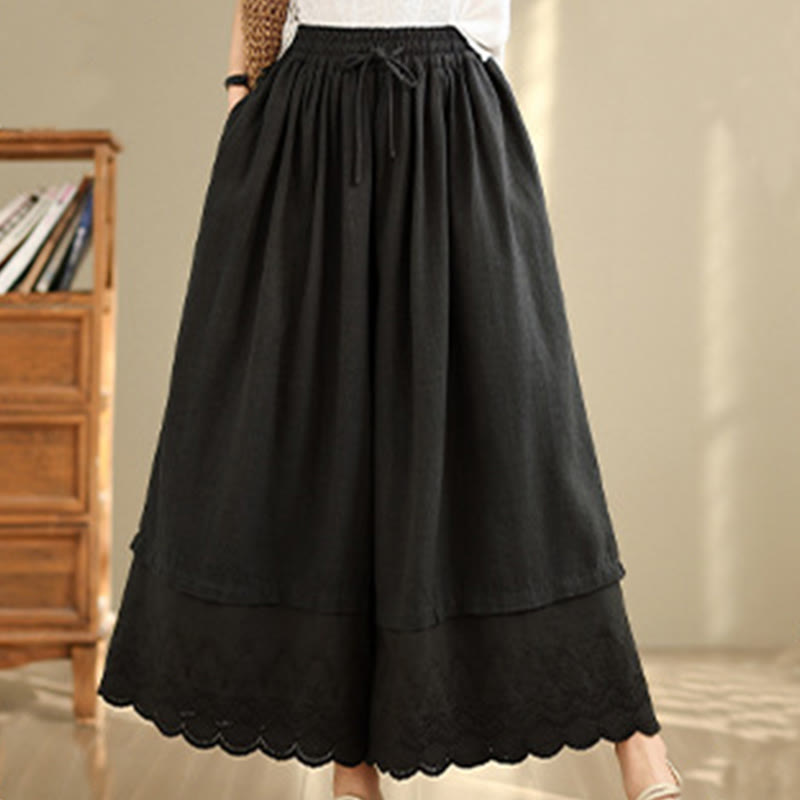 Spring Embroidery Lace Hem Patchwork Drawstring Design Women's Wide Leg Cotton Pants With Pockets