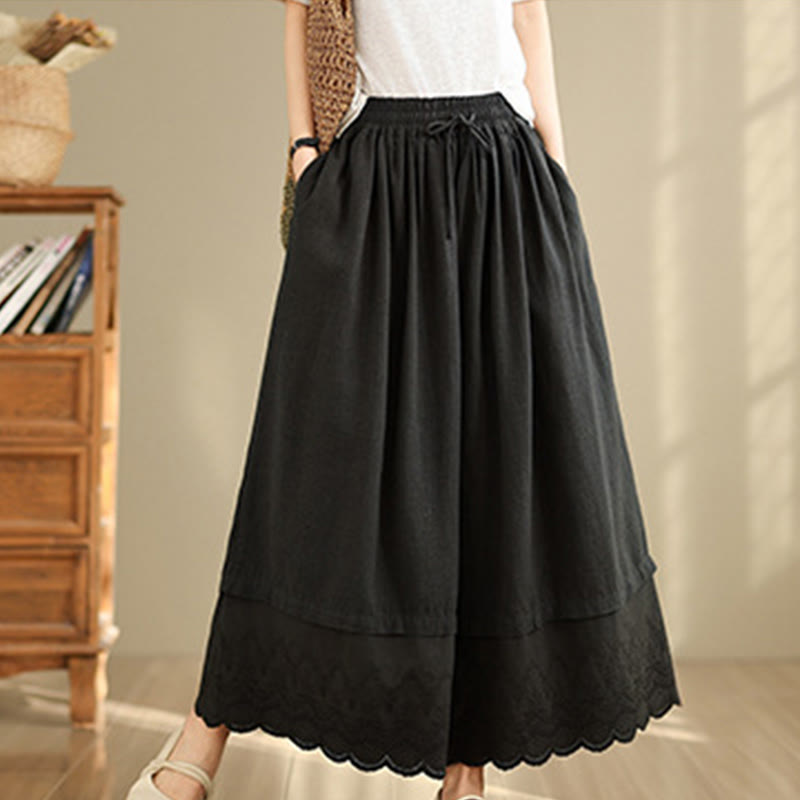 Spring Embroidery Lace Hem Patchwork Drawstring Design Women's Wide Leg Cotton Pants With Pockets