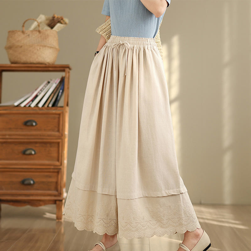 Spring Embroidery Lace Hem Patchwork Drawstring Design Women's Wide Leg Cotton Pants With Pockets
